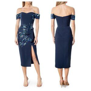Dress the Population Alani Sequin Off-the-shoulder Midi Dress Navy